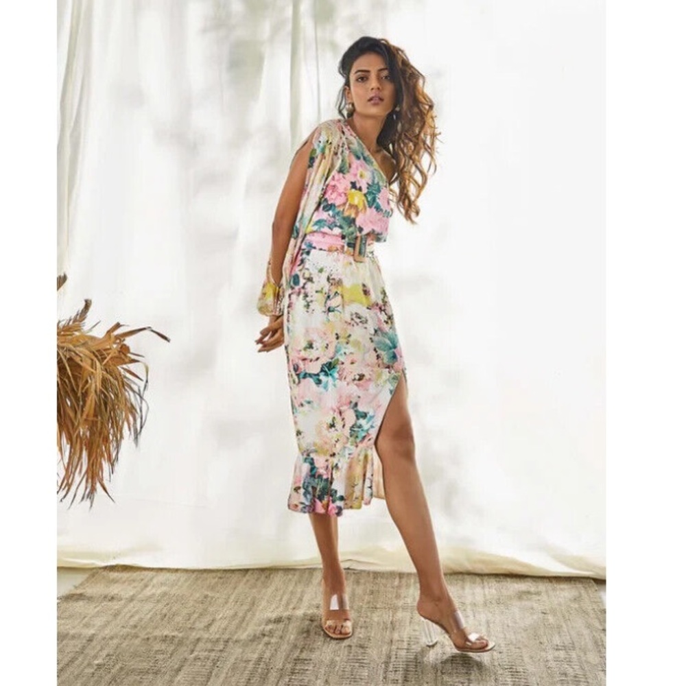 HEMANT & NANDITA one shoulder pastel floral midi dress sz L